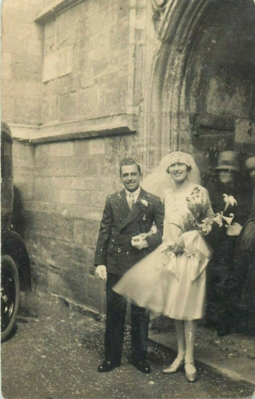 Social history early photo postcard wedding groom & bride dated 19th april 1930