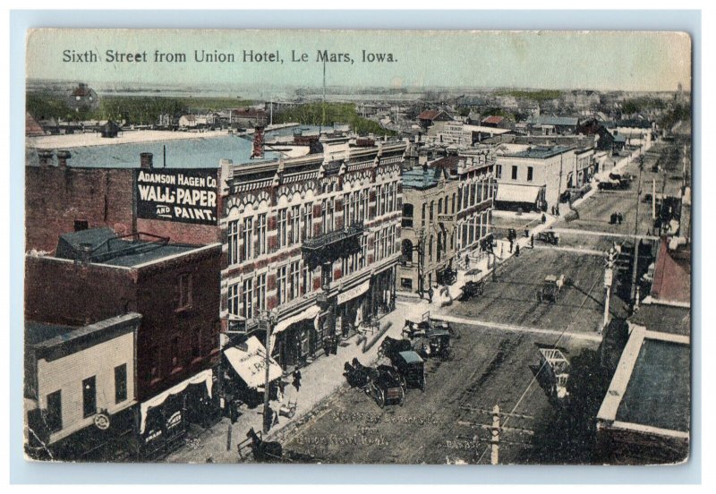 1910 Sixth Street from Union Hotel, Le Mars, Iowa IA Posted Postcard