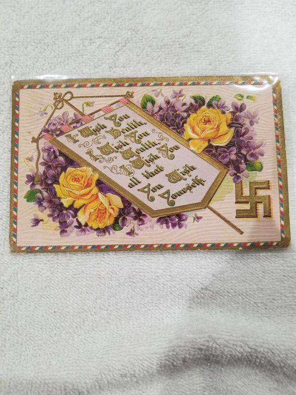 1900s Good Luck Swastika Gold Embossed.  Yellow Roses and Purple Flowers