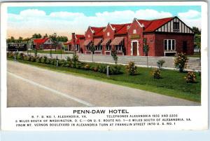 ALEXANDRIA, VA Virginia     PENN-DAW HOTEL   1934    Roadside   Postcard