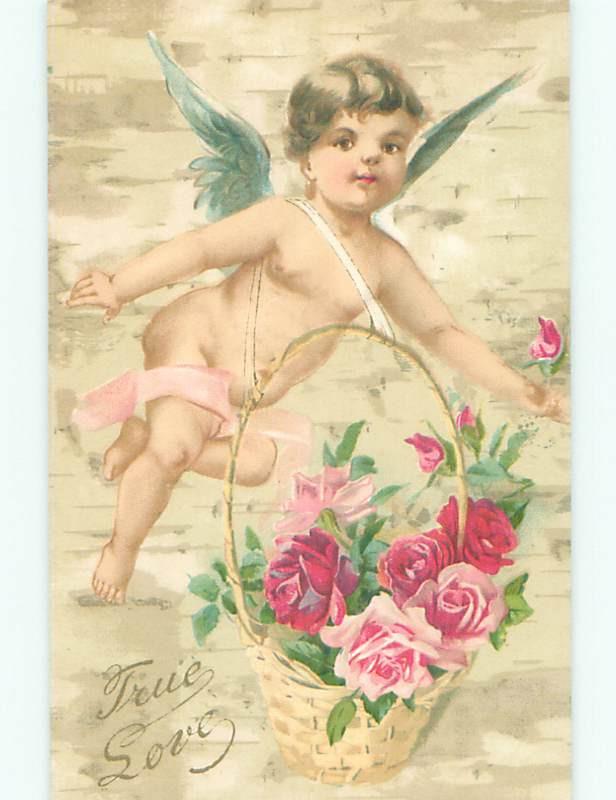 Unused Pre-1907 valentine CUPID FLIES WITH BASKET OF ROSE FLOWERS k9135