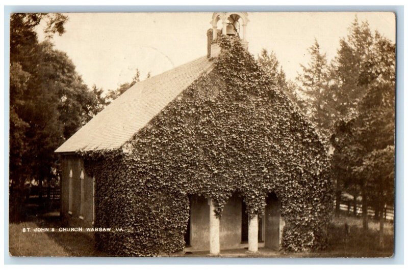 1916 St. John's Church Bell Tower Warsaw Virginia VA RPPC Photo Antique Postcard 