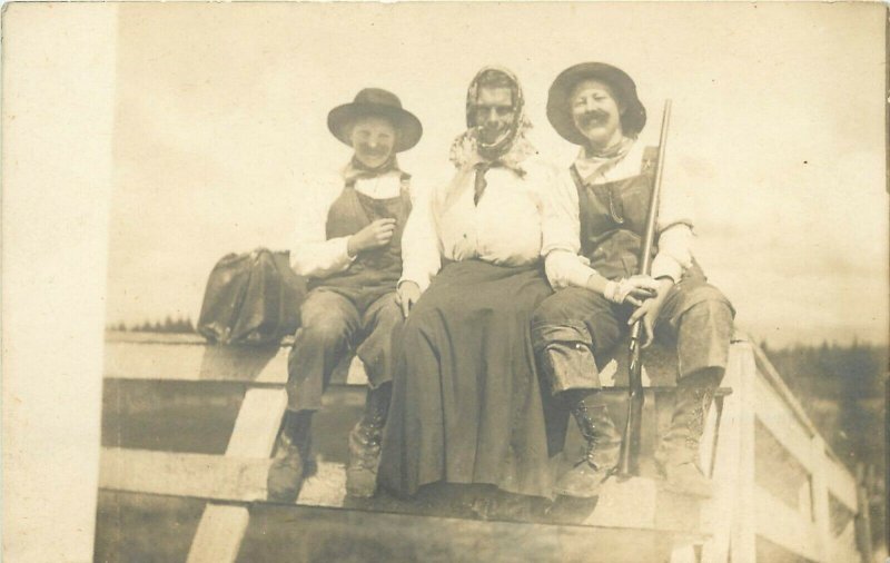 RPPC Cross Dressers Farm Types Women Mustaches w Gun, Man in Skirt & Scarf c1910