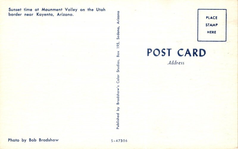 Monument Valley, Utah-Arizona border, Kayenta, Bob Bradshaw, Bradshaw's Postcard