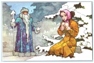 Father Frost Russian Folk Lore Fairytale #5 Woman Winter Scene Vintage Postcard