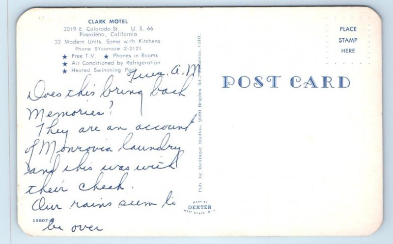 PASADENA, California CA ~ Route 66 ~ CLARK MOTEL Pool ca 1950s Roadside Postcard