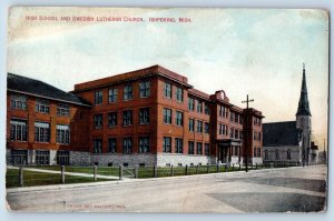 Ishpeming Michigan MI Postcard High School Swedish Lutheran Church 1911 Vintage