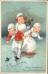 Christmas Children Toddlers Kids Ice Skating c1910 Vintage Postcard