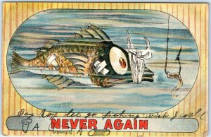 c1910s Wise Injured Fish NEVER AGAIN Lure Worm Hook Comic Postcard Humor A85