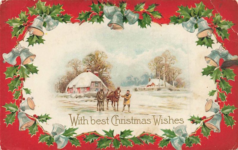 c1910 Winsch Back Man Horses Snow Houses Winter Scene Christmas P211 