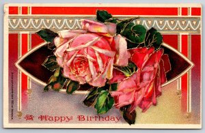 Bright Bold Pink Roses On Deep Red~Red Gray Gold Art Deco Bk~Emb~Heymann~Vtg PC