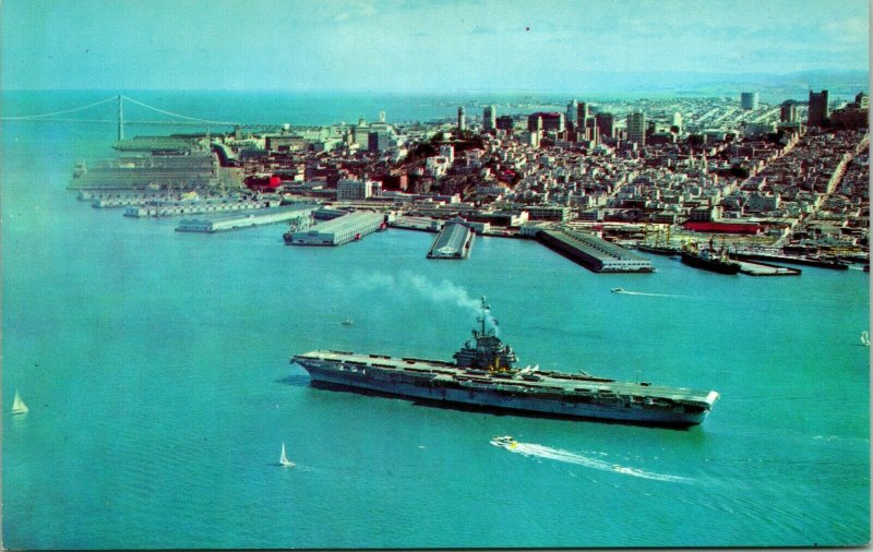 Vtg Postcard 1960s San Francisco By the Bay Aerial w Aircraft Carrier UNP 