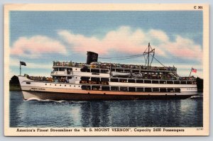 Washington DC~Potomac River~SS Mt Vernon Steamer Riverboat~Linen 1940s Postcard