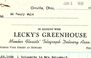 1939 LECKY'S GREENHOUSE ORRVILLE OHIO HENRY WULZ  BILLHEAD INVOICE Z2275