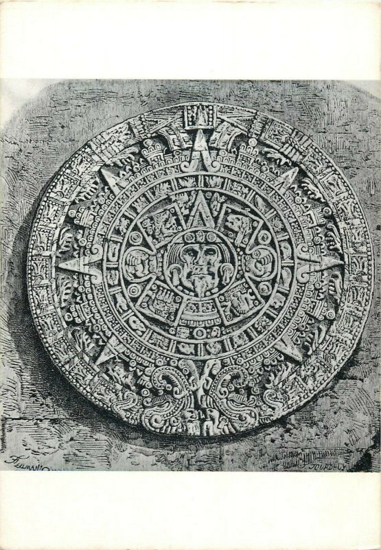 Sun stone or aztec calendar with hieroglyphs of days postcard