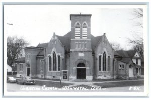 Washington Iowa IA Postcard RPPC Photo Christian Church Cars Scene c1940's