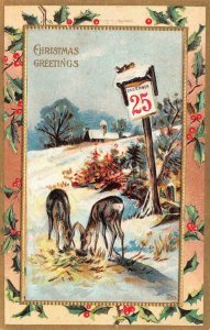 Holiday   CHRISTMAS GREETINGS  Two Deer Grazing~Dec 25th Sign  ca1910's Postcard