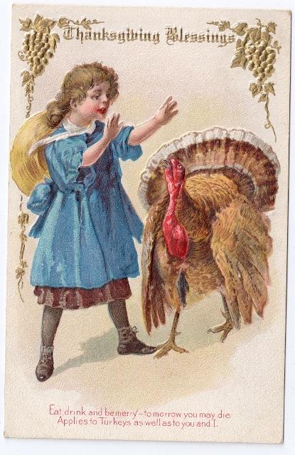 Vintage Thanksgiving Postcard Turkey Pretty Girl 1910 Jaeger Embossed Gilded