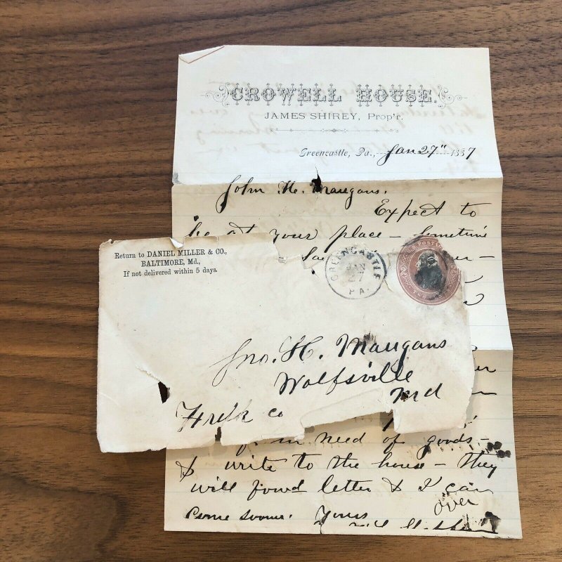 1887- Greencastle , PA - CROWELL HOUSE - JAMES SHIREY - VINTAGE ANTIQUE LETTER 