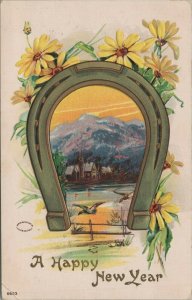 Happy New Year Horseshoe Ducks Cabin Sunset Posted Divided Back Vintage Postcard