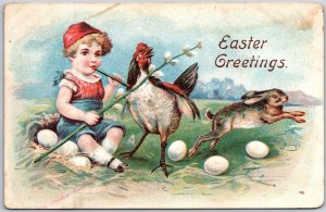 Easter Greetings Child and Hen Hatching Eggs Wishes Card Posted Postcard