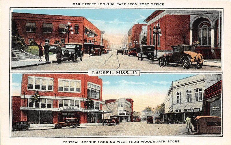 G49/ Laurel Mississippi Postcard c1915 2View Oak St Autos Woolworth Stores