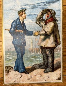 Victorian Trade Card Antique Sailors Shaking Hands Nautical Colorful Large Piece