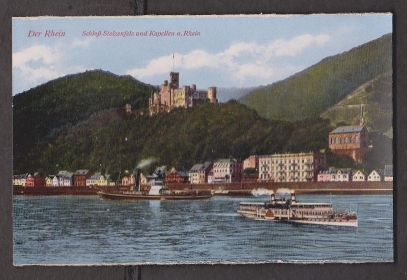 Rhein River View Of Castle With Old River Cruise Ships - Unused - Edge Wear