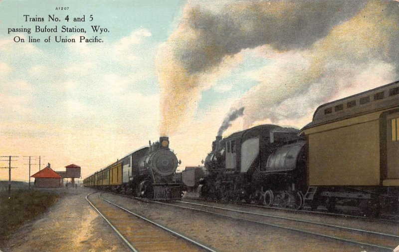 TRAINS NO. 4 & 5 PASSING BUFORD STATION TRAIN DEPOT WYOMING POSTCARD (c. 1910)