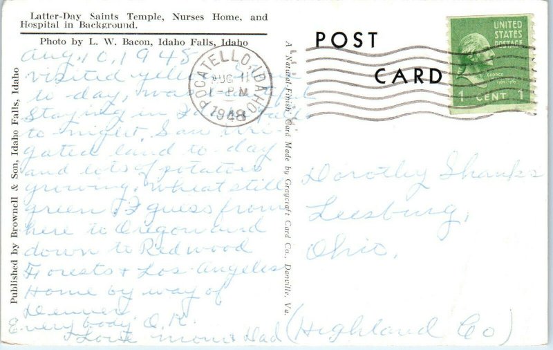 1940s Latter Day Saints Temple Snake River Falls at Idaho Falls Idaho Postcard