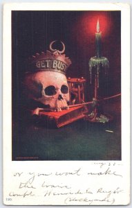 1907 Louis Aiken Get Busy Skull Candle Hourglass Postcard Chicago Postmark