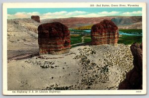 Green River Wyoming~Air View Of Red Buttes On Hwy US 30~Vintage Linen Postcard