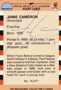Jamie Cameron North Harbour 1991 Hand Signed Rugby Card Photo