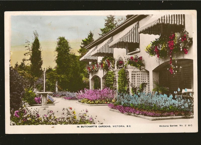 Postmarked 1948 Butcharts Gardens Victoria BC Hand Colored Real Photo Postcard