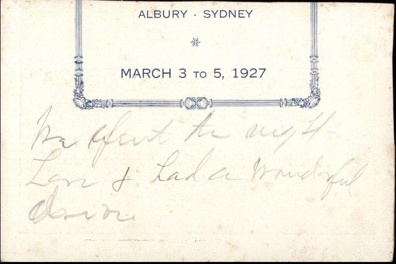 Albury Sydney Railway Dining Car Service Partial Card - Menu? 1927