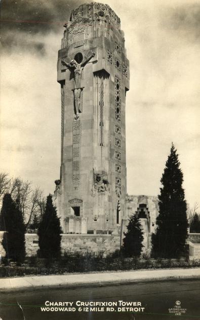RPPC Charity Crucifixion Tower on Woodward - Detroit MI, Michigan - pm 1935