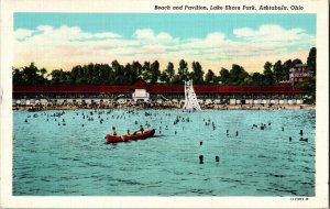 Beach and Pavilion, Lake Shore Park, Ashtabula, Ohio Vintage Postcard KF4