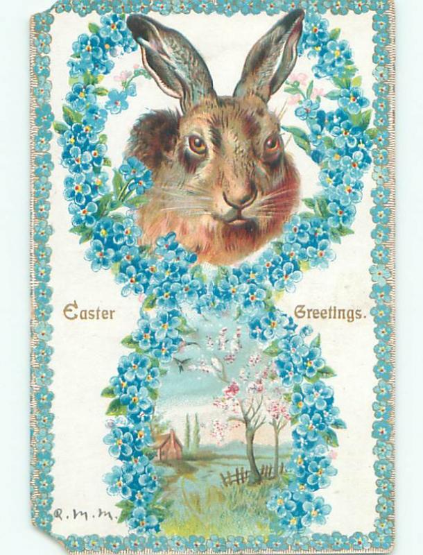 Pre-1907 easter BEAUTIFUL BUNNY RABBIT FACE & BLUE FLOWERS o3329