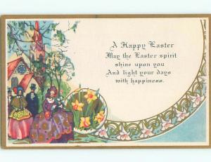 Unused Pre-Linen easter WOMEN IN COLORFUL DRESSES COME HOME FROM CHURCH k2078@