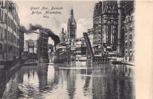 MILWAUKEE WI CITY GRAND AVE~BASCULE BRIDGE~STEAMER SHIP PASSING~POSTCARD 1900s