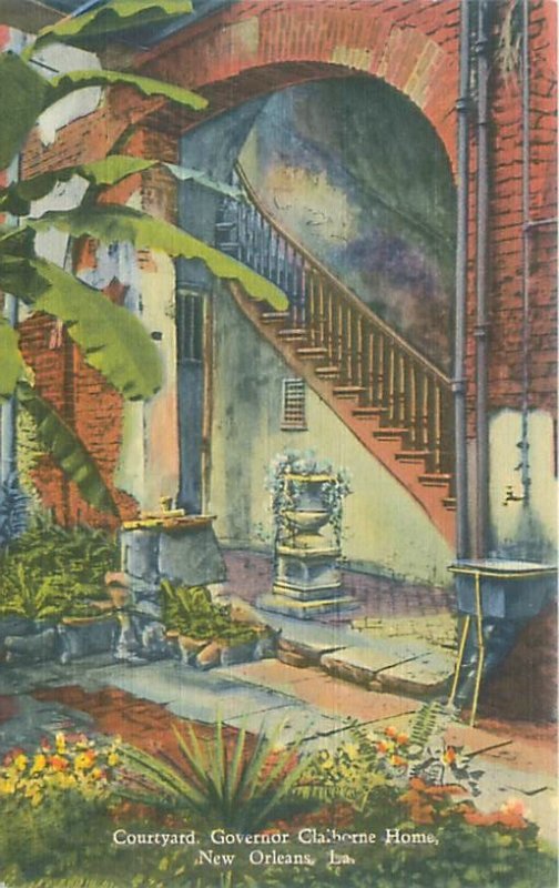 New Orleans Louisiana Governor Claiborne Home Courtyard Linen Postcard