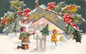 Merry Christmas Happy New Year Snowman Greetings 1910 postcard