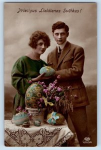 Latvia Postcard RPPC Photo Easter Couple Romance With Eggs c1920's Antique
