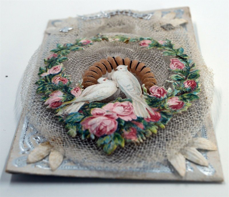 Rare 1800's Bridal Embossed Envelope Net Lace Dresden Doves Roses Heart