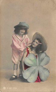 Girls & 4-Leaf Clover Shamrock Hand-Tinted RPPC 1906 Antique Photo Postcard