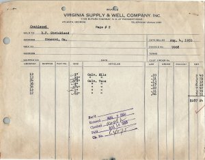 1950 Virginia Supply & Well Company Inc Atlanta Georgia 2-Page Invoice 13-100