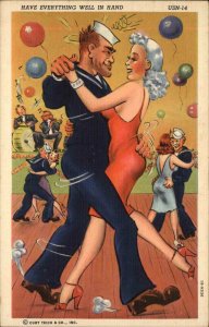 Curt Teich US Navy Sailor Dancing Sexy Woman USN-14 Linen Risque Postcard