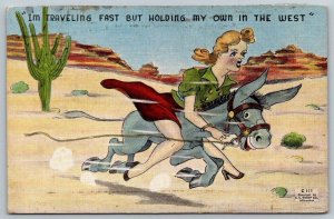 Vintage Saucy Cartoon Humor Postcard - Holding My Own In The West - 1942