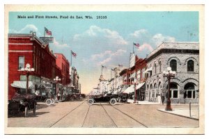 Antique Main and First Streets, Street Scene, Old Cars, Fond du Lac, WI Postcard