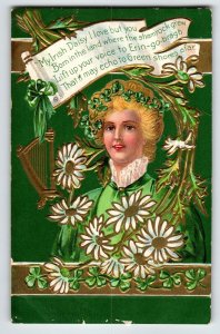 St Patrick's Day Postcard Nash Deep Embossed Women Flowers My Irish Daisy Harp